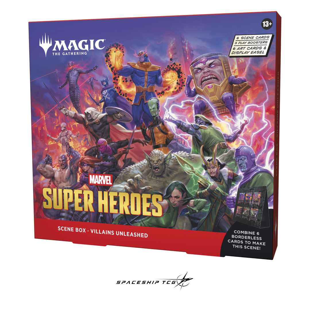 Magic The Gathering Marvel Super Heroes Scene Box Display English Edition with 4 Scene Boxes containing 24 traditional foil borderless cards - Alternative Angle