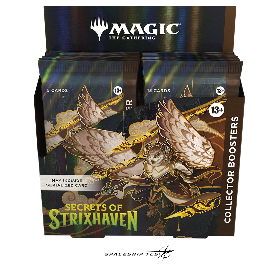 Magic: The Gathering Strixhaven Collector Booster Display box containing 12 premium Collector Booster packs with showcase and borderless cards