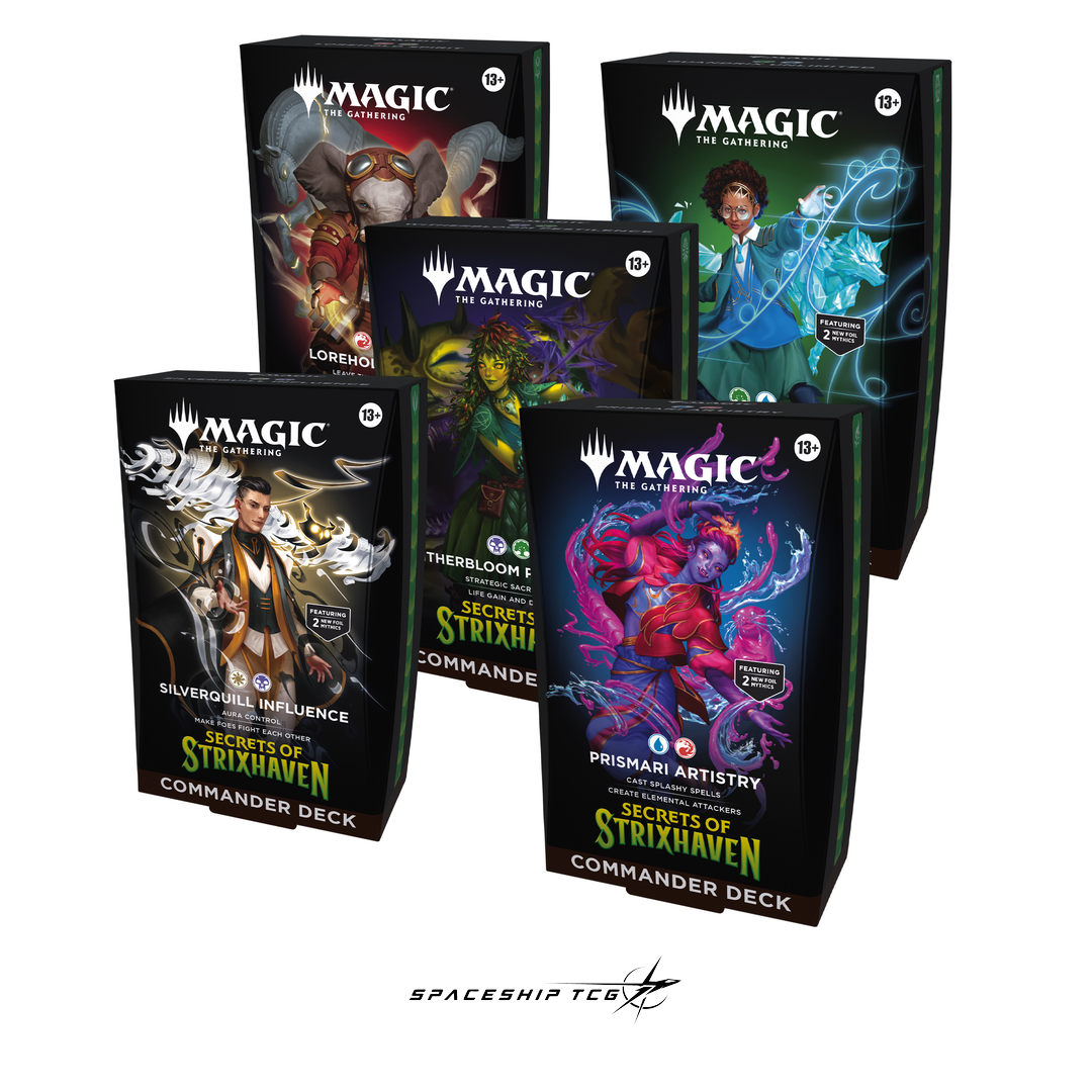 Magic The Gathering Secrets of Strixhaven Commander Deck Display with 5 preconstructed decks on white background - Box Front