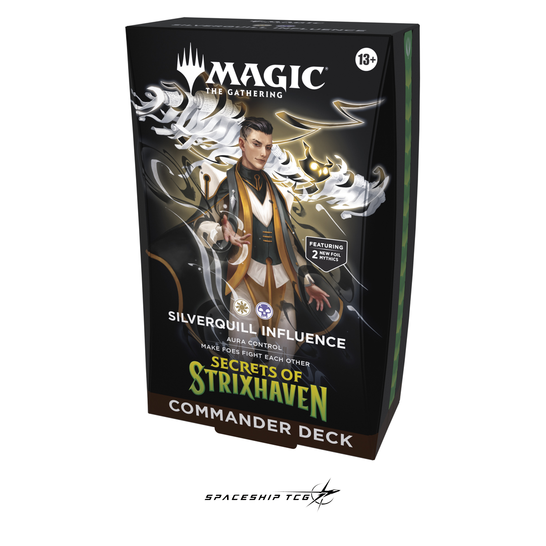 Magic The Gathering Secrets of Strixhaven Commander Deck Display with 5 preconstructed decks on white background - Box Back