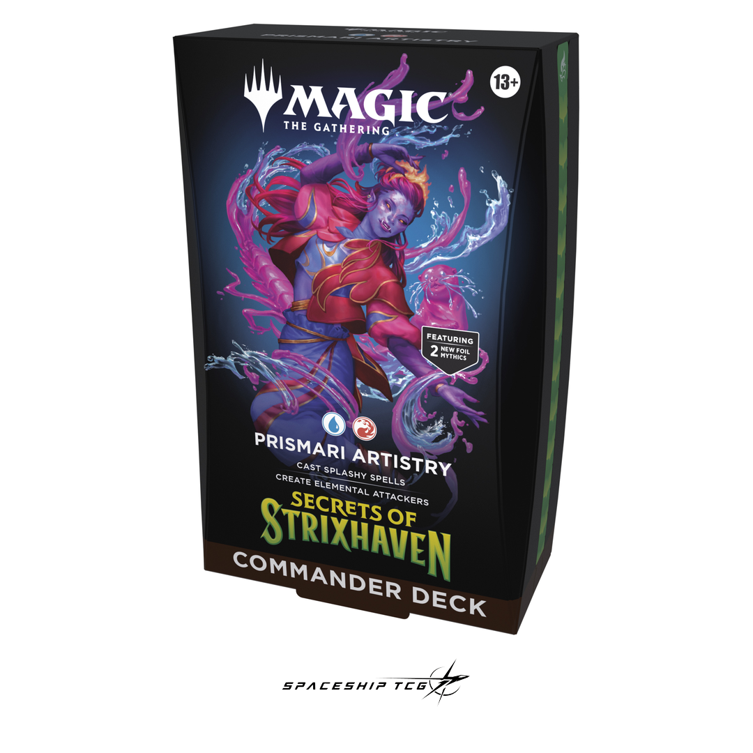 Magic The Gathering Secrets of Strixhaven Commander Deck Display with 5 preconstructed decks on white background - Contents