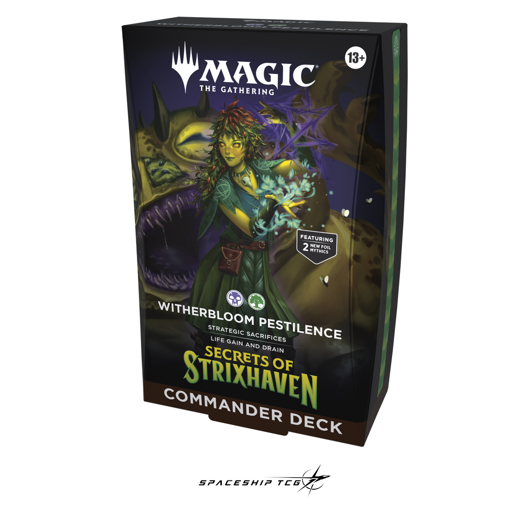 Magic The Gathering Secrets of Strixhaven Commander Deck Display with 5 preconstructed decks on white background - Detail View