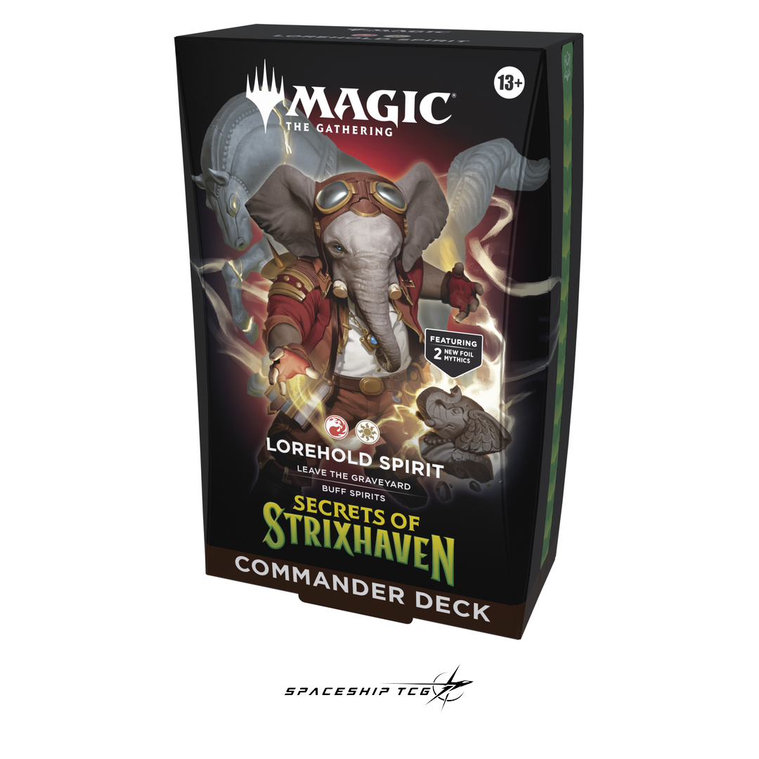 Magic The Gathering Secrets of Strixhaven Commander Deck Display with 5 preconstructed decks on white background - Alternative Angle