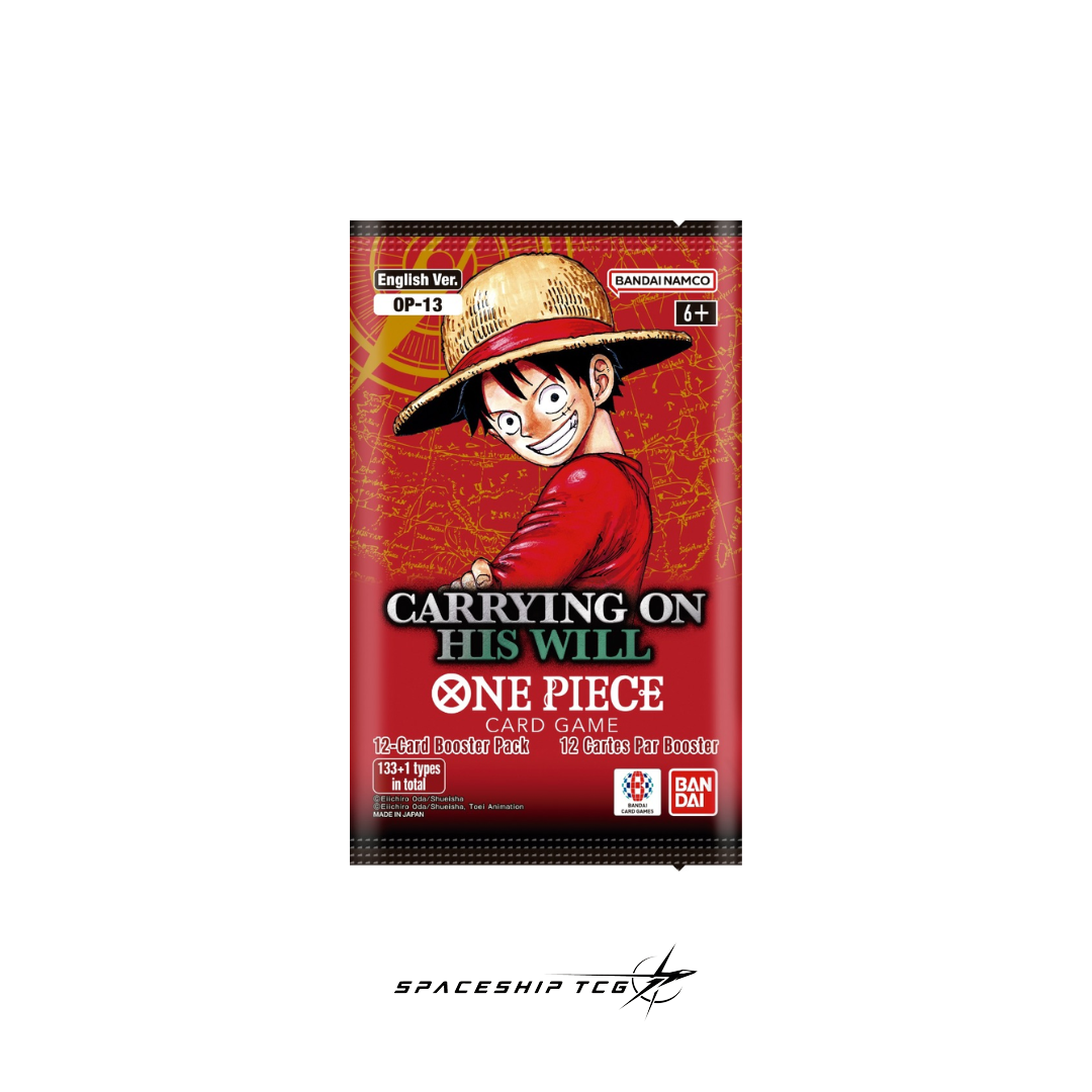 One Piece Card Game OP-13 Carrying On His Will booster pack with 6 randomized cards featuring inherited will theme artwork