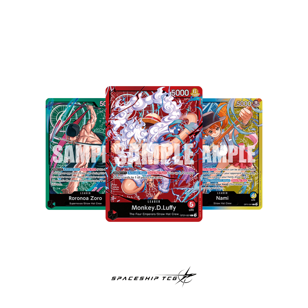 Three trading card packs with character illustrations on a white background, featuring the 'Spaceship TCG' brand. One Piece Trading Card Game OP14 The Azure Sea's Seven Luffy Zoro and Nami promo cards