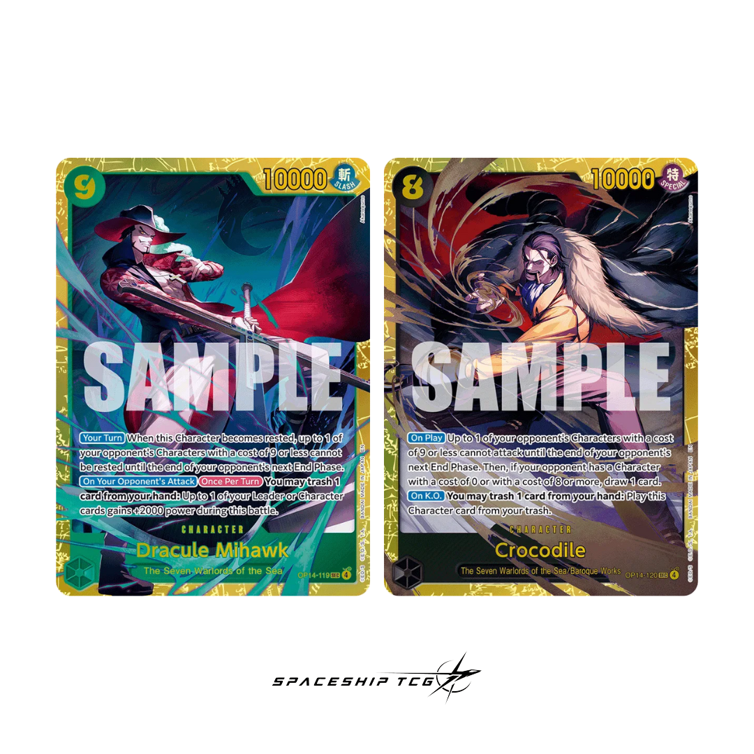 One Piece Card Game OP-14 The Azure Sea's Seven Booster Box featuring the legendary Seven Warlords of the Sea Shichibukai characters