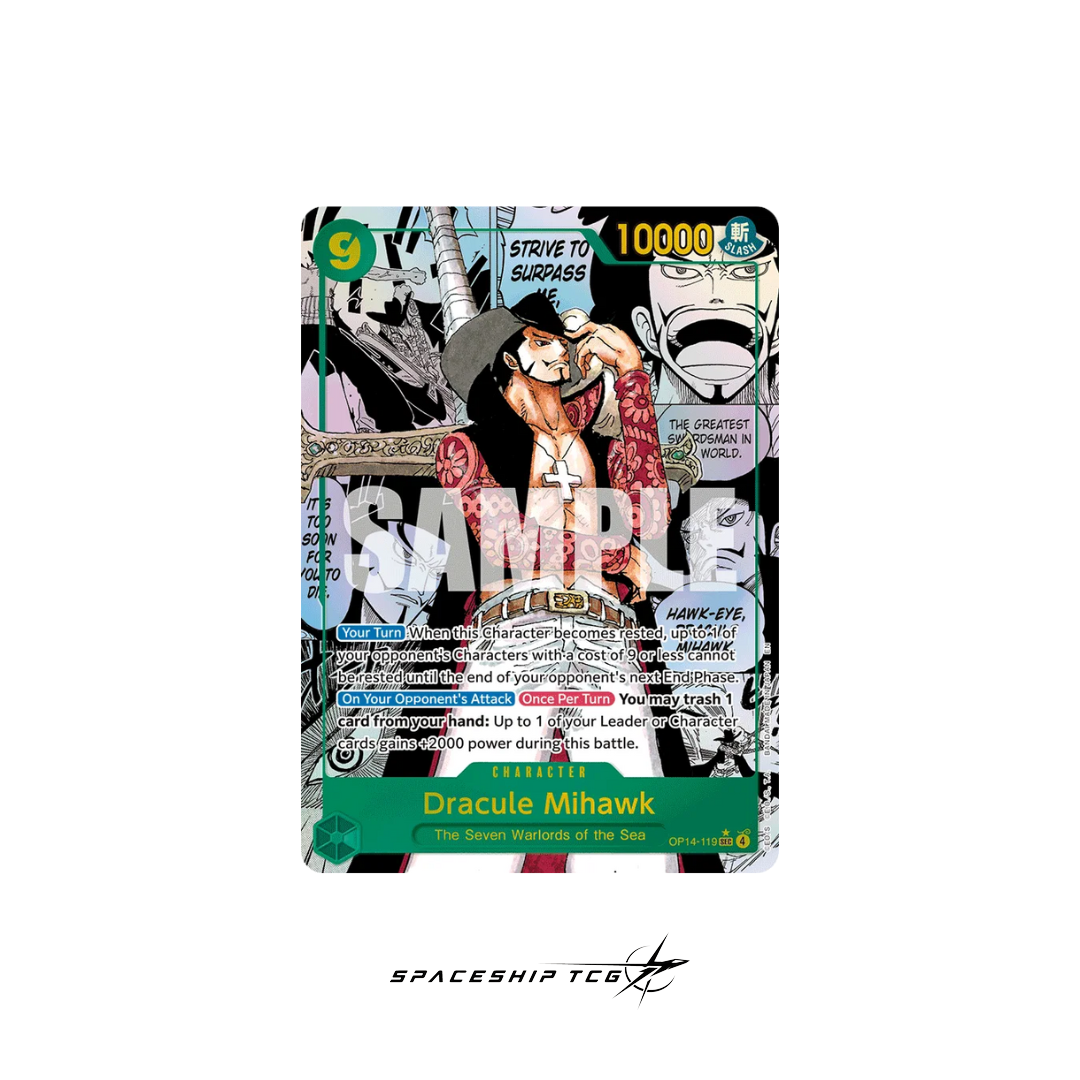 One Piece Card Game OP-14 The Azure Sea's Seven Booster Box featuring the legendary Seven Warlords of the Sea Shichibukai characters
