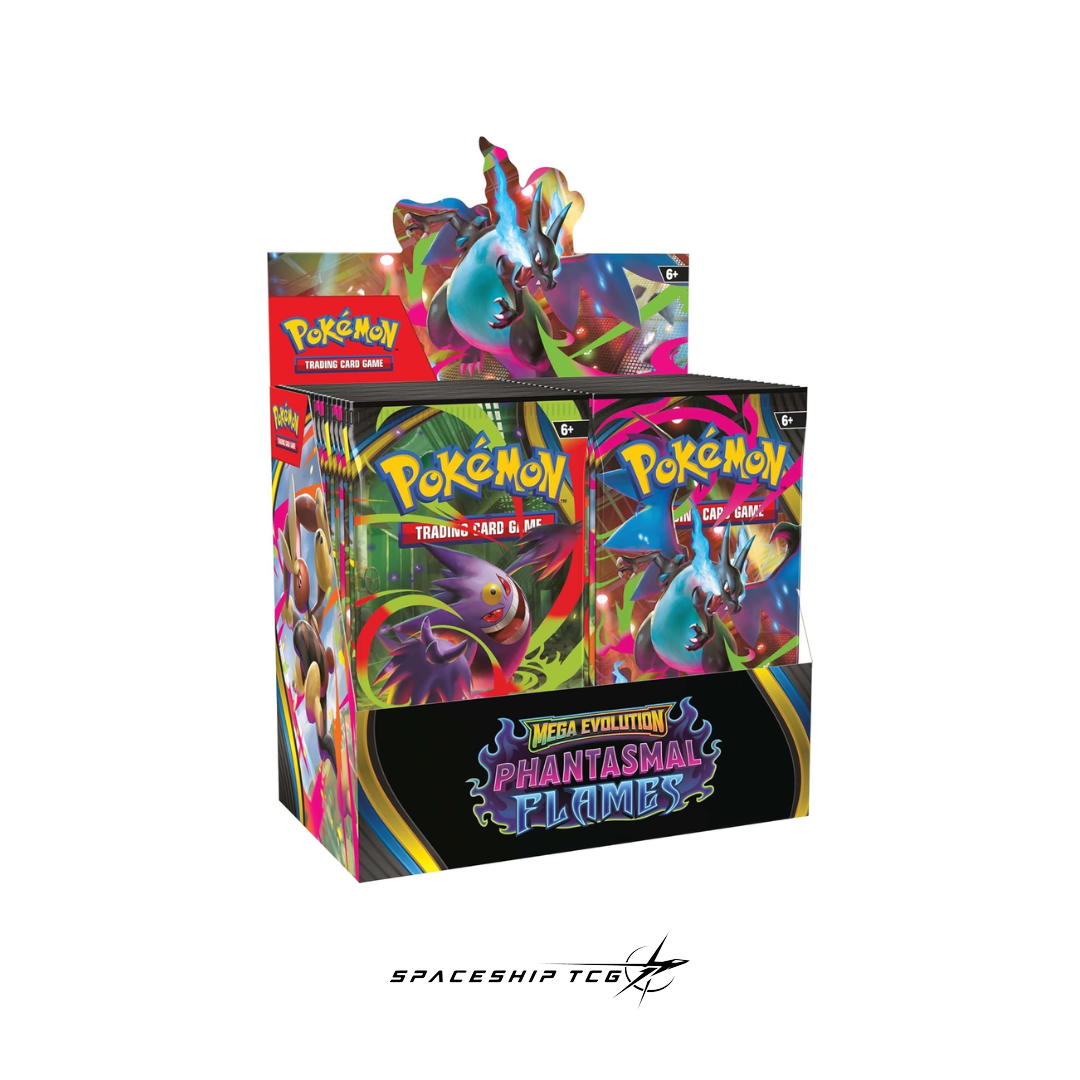 Pokémon Trading Card Game Phantasmal Flames Booster Box English edition containing 36 sealed booster packs with Mega Evolution cards
