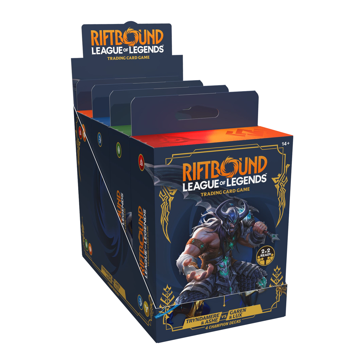 Riftbound League of Legends Héritage Champion Deck Display box with four champion decks: Tryndamere, Ashe, Garen and Lux
