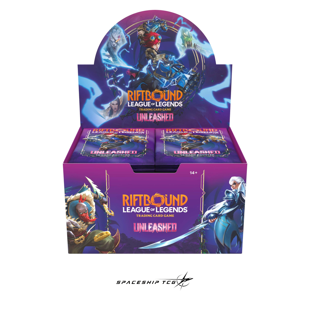 Riftbound League of Legends TCG Unleashed Booster Display box with 24 booster packs on white background - Box Front