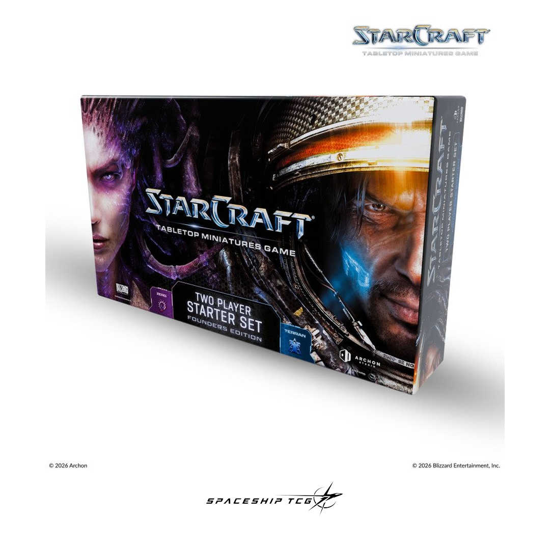 Starcraft TMG Two Player Starter Set Founders Edition - Complete miniatures starter with Kerrigan Queen of Blades - Box Front - Spaceship TCG Spain