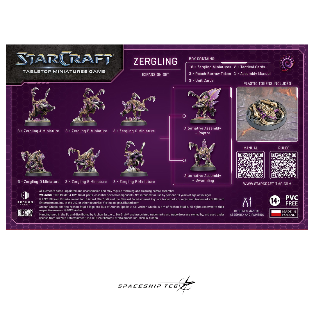 Starcraft TMG Zerg Expansion Set featuring 18 Zergling miniatures and unit cards by Archon Studio - Box Back