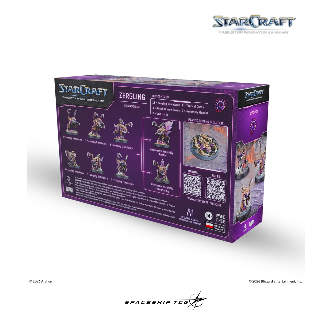 Starcraft TMG Zerg Expansion Set featuring 18 Zergling miniatures and unit cards by Archon Studio - Detail View