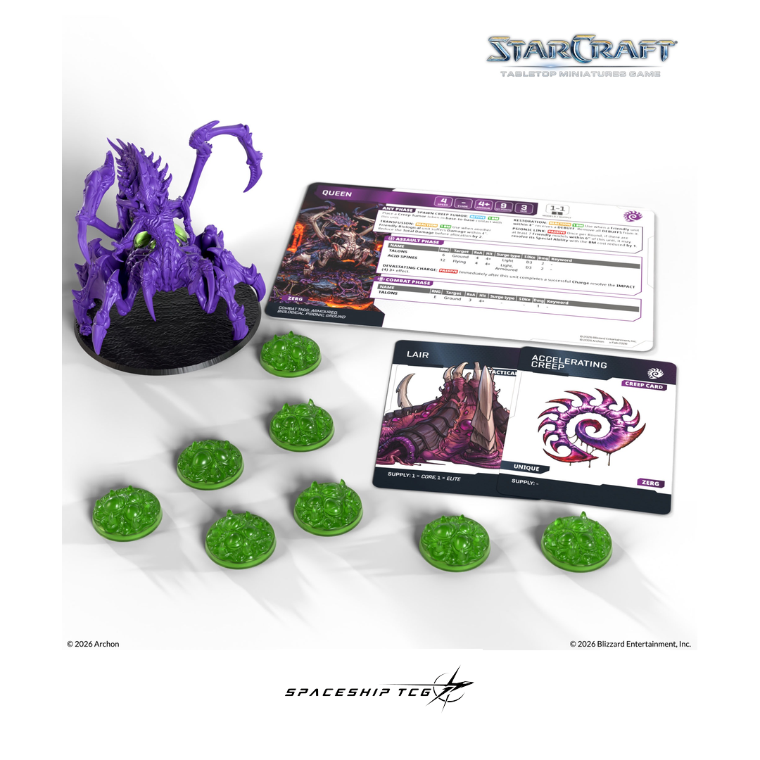 Starcraft TMG Zerg Expansion Set Queen - Support unit miniatures with bases and cards - Alternative Angle - Spaceship TCG Spain
