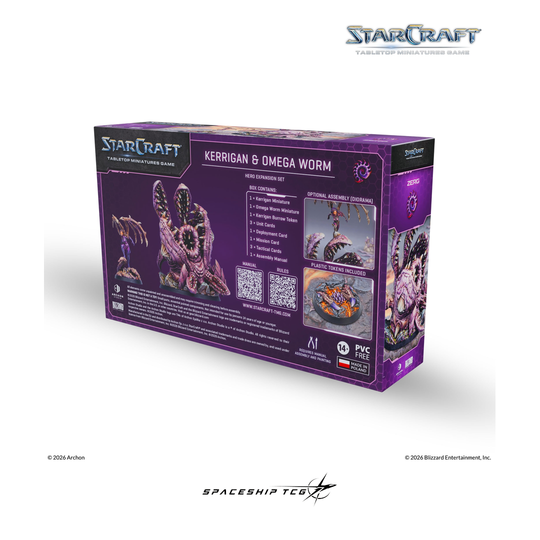 Starcraft TMG Zerg Hero Expansion Set featuring Kerrigan Queen of Blades and Omega Worm miniatures by Archon Studio - Contents
