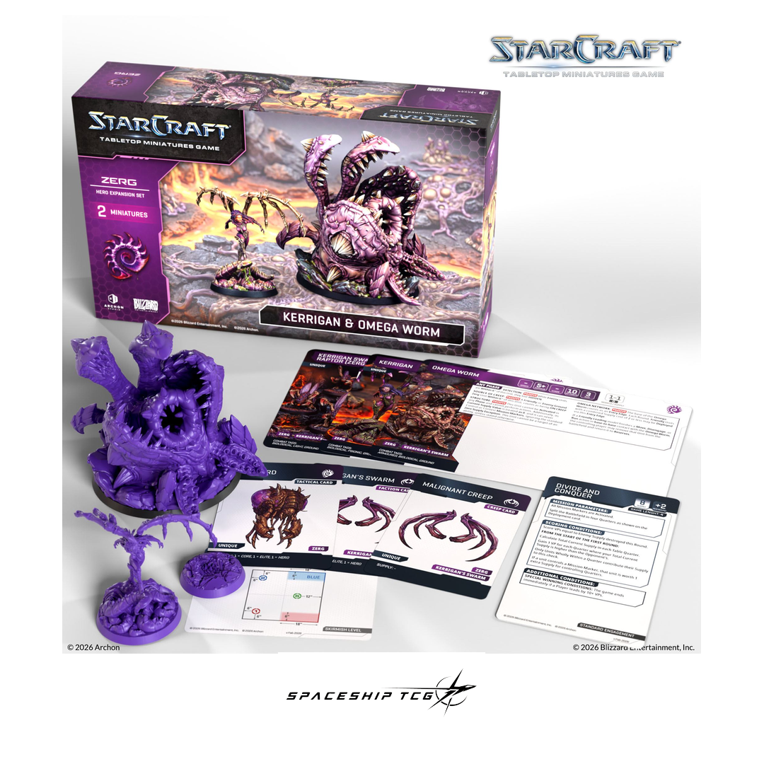 Starcraft TMG Zerg Hero Expansion Set featuring Kerrigan Queen of Blades and Omega Worm miniatures by Archon Studio - Detail View