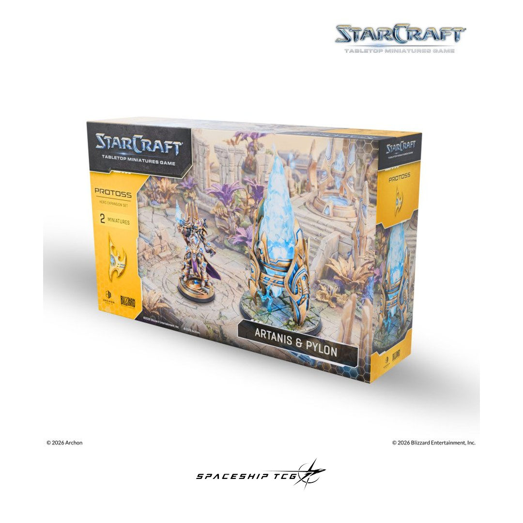 Starcraft TMG Protoss Hero Expansion Set featuring Artanis Hierarch and Pylon structure miniatures by Archon Studio - Box Front