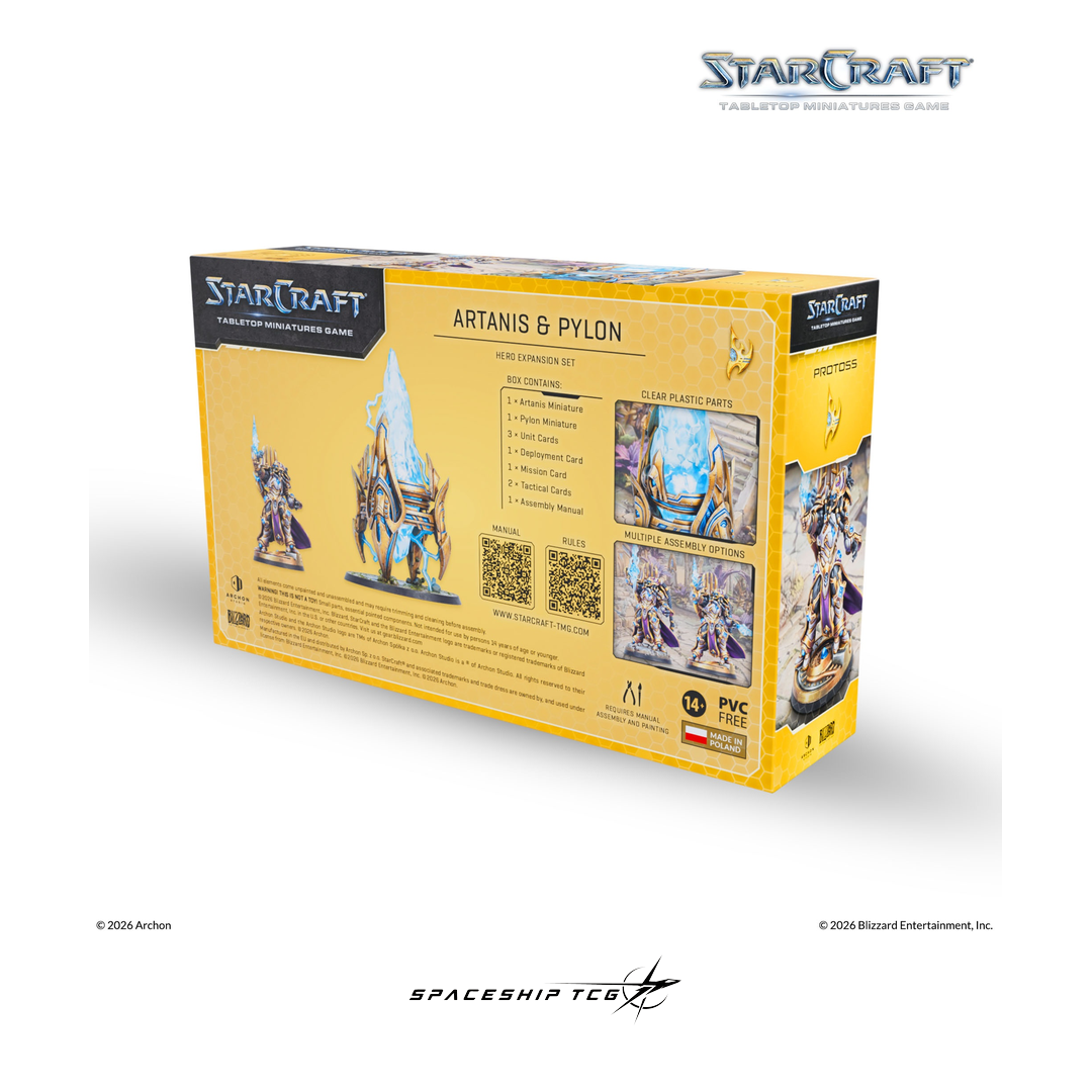 Starcraft TMG Protoss Hero Expansion Set featuring Artanis Hierarch and Pylon structure miniatures by Archon Studio - Contents