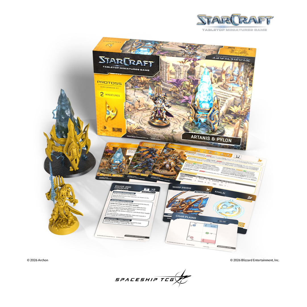 Starcraft TMG Protoss Hero Expansion Set featuring Artanis Hierarch and Pylon structure miniatures by Archon Studio - Detail View