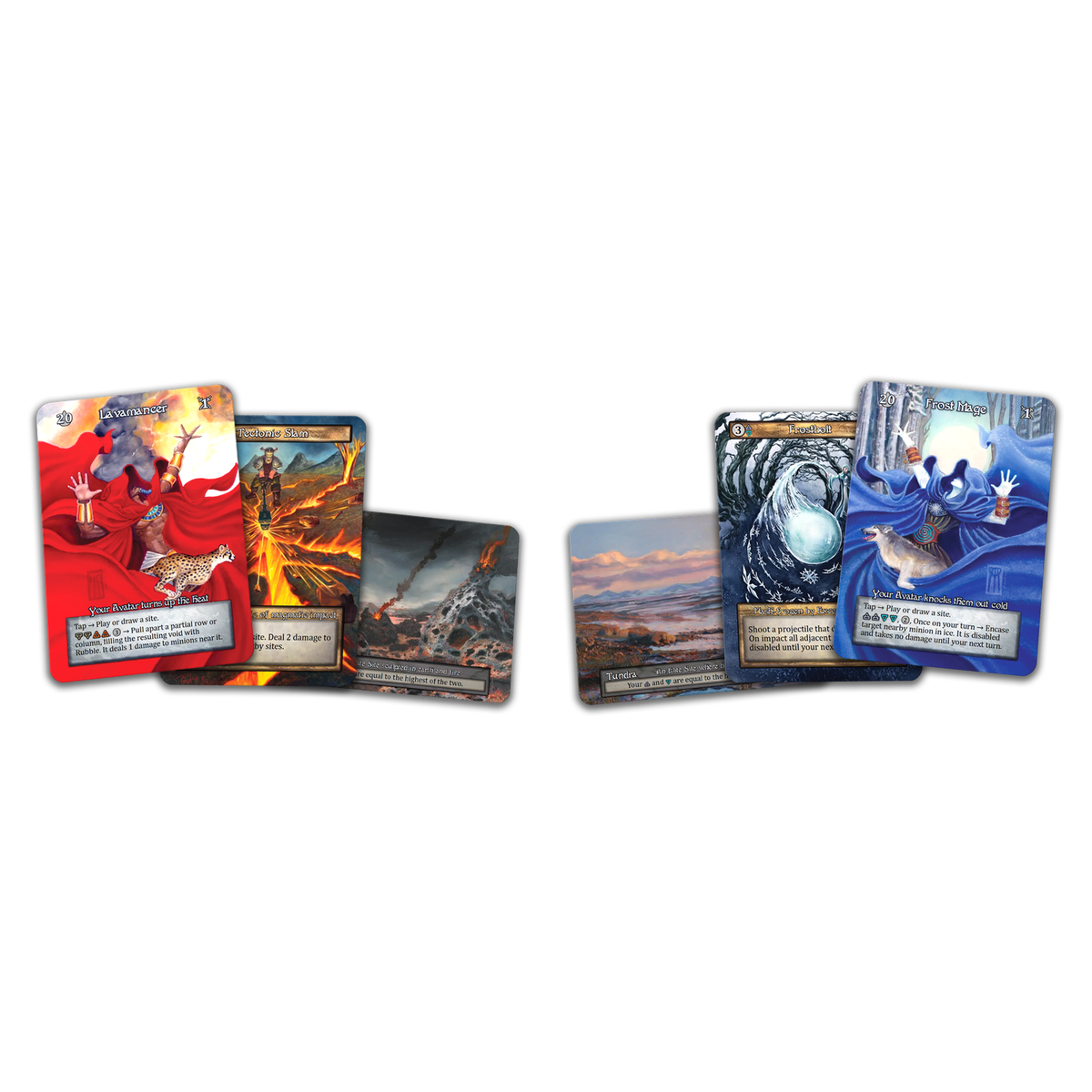 Sorcery TCG Frost Mage vs Lavamancer preconstructed deck box set showing Fire/Earth Lavamancer and Water/Air Frost Mage decks