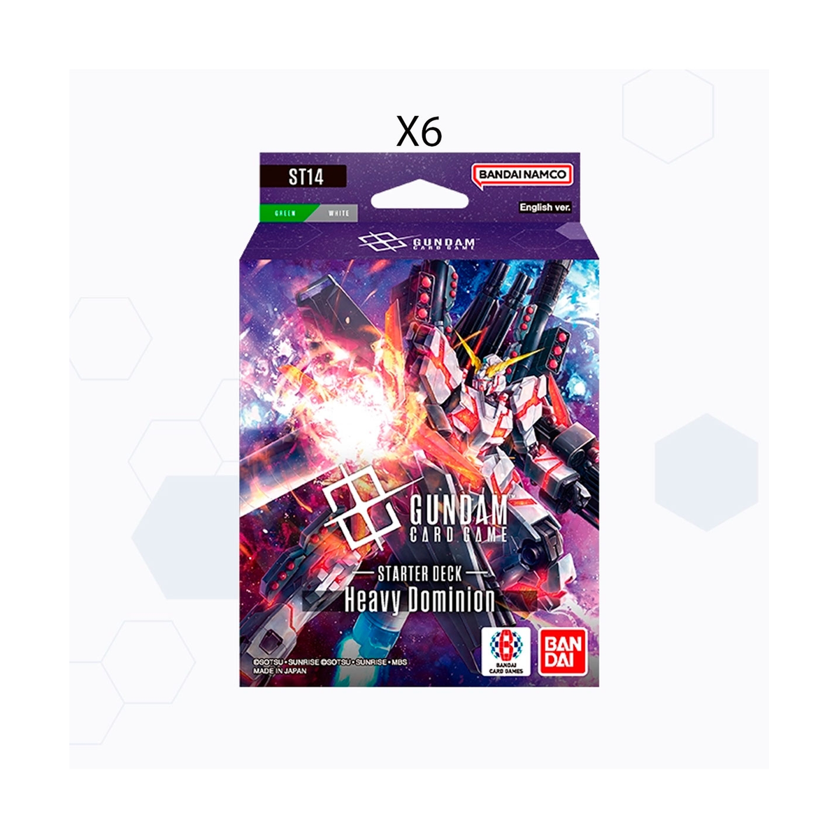 Official Bandai Gundam Card Game ST-14 Starter Deck Display packaging containing 6 English starter decks