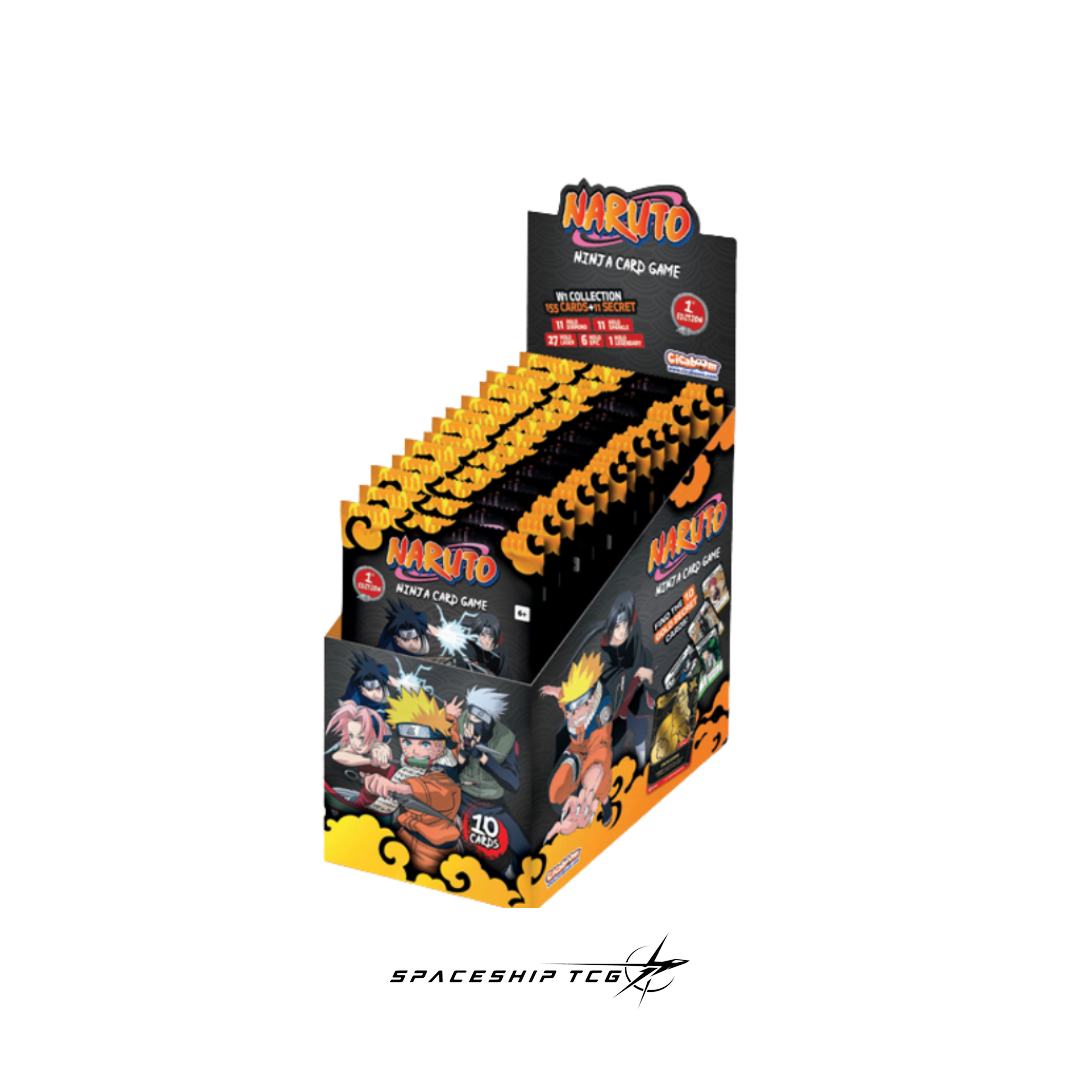 Display box of Naruto trading card game packs with 'Spaceship TCG' branding. Booster Pack Naruto Mythos TCG Konoha Shidō 1ª Edición – sobre oficial de cartas Naruto en Spaceship TCG Barcelona