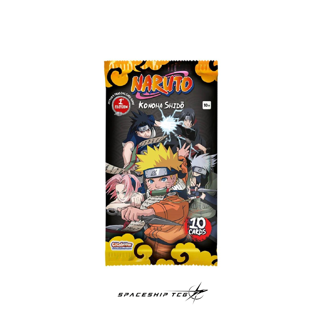 Naruto-themed trading card pack with characters and branding on a white background Booster Pack Naruto Mythos TCG Konoha Shidō 1ª Edición – sobre oficial de cartas Naruto en Spaceship TCG Barcelona