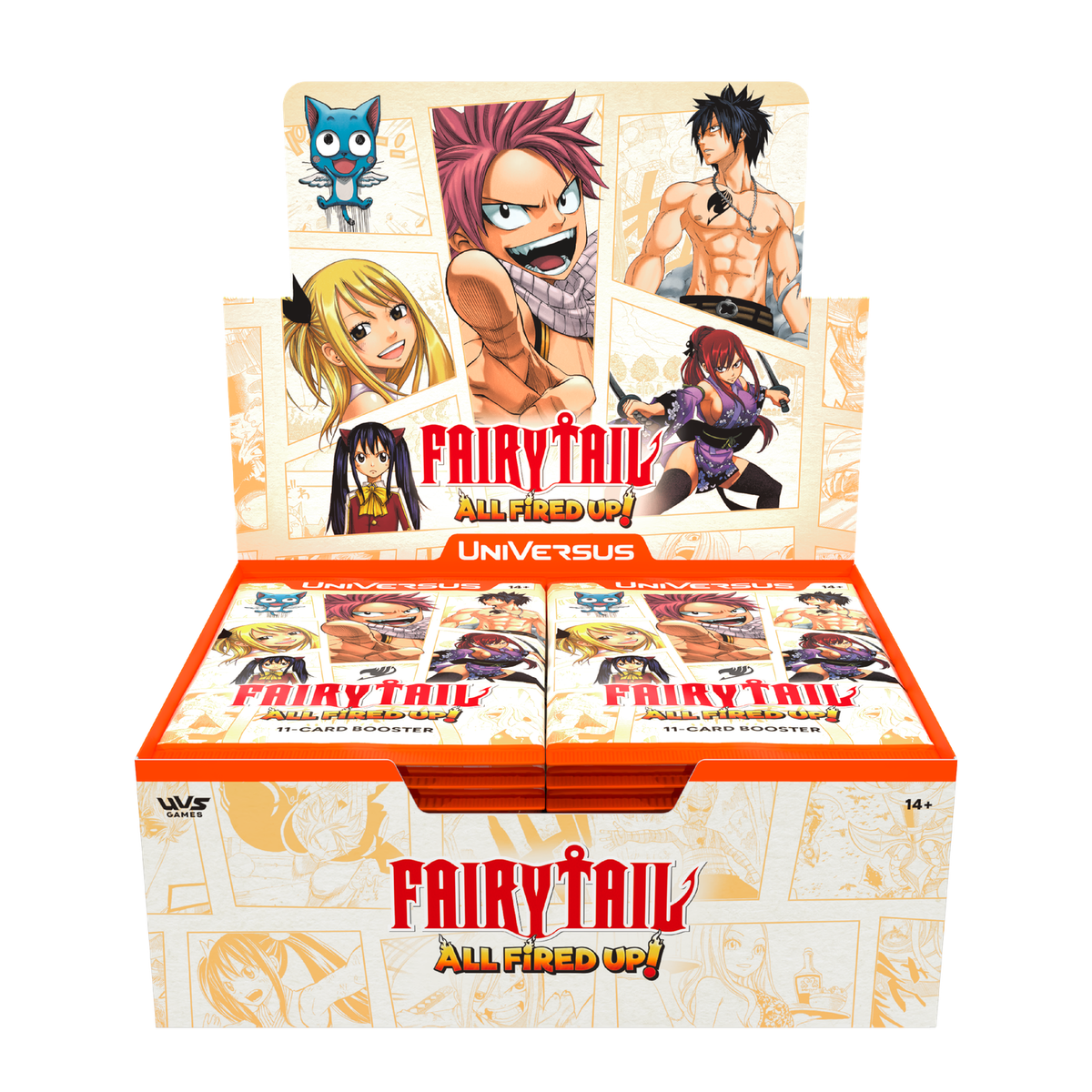 Display of 24 FAIRY TAIL Booster Packs featuring 15 new characters and rare cards, custom colorized manga panels, and new mec