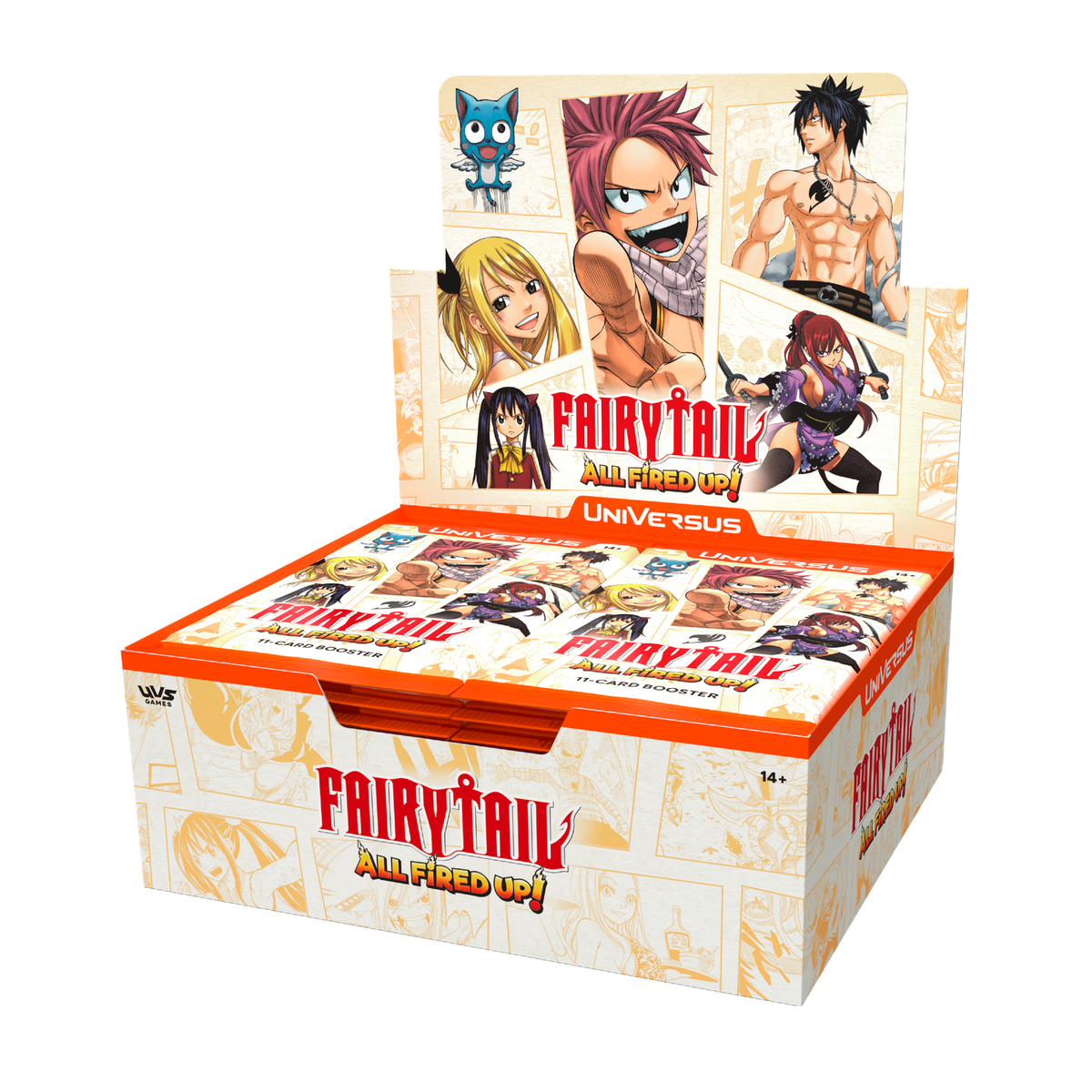 Display of 24 FAIRY TAIL Booster Packs featuring 15 new characters and rare cards, custom colorized manga panels, and new mec