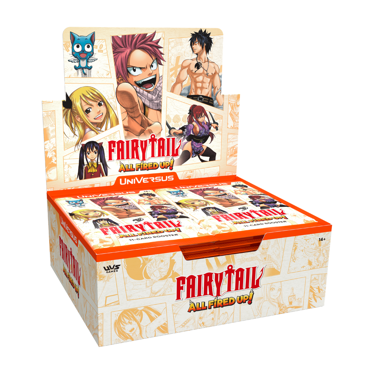 Display of 24 FAIRY TAIL Booster Packs featuring 15 new characters and rare cards, custom colorized manga panels, and new mec